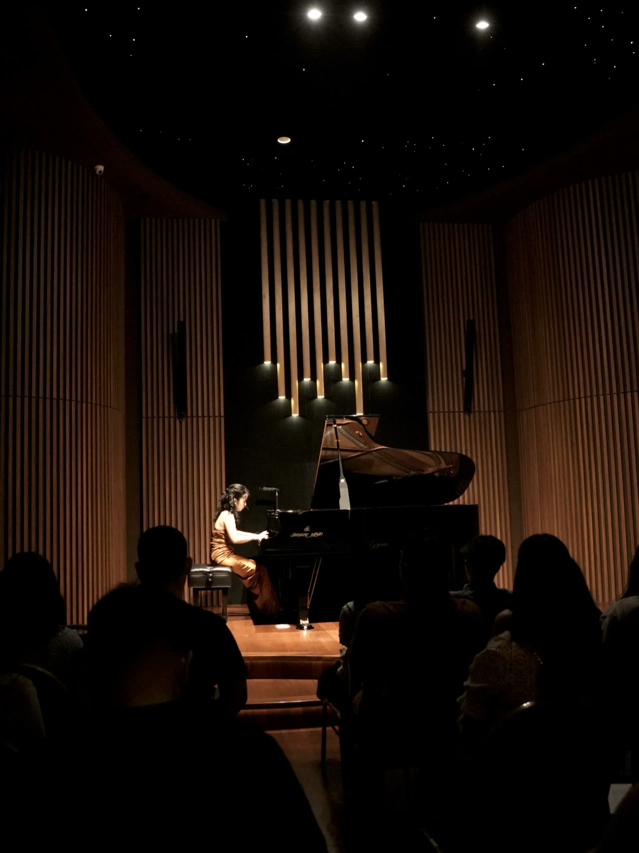 A recital in the studio hall: a pianist lit at the grand piano on stage, the audience seated in silhouette, tall timber acoustic walls rising into a darkened ceiling.