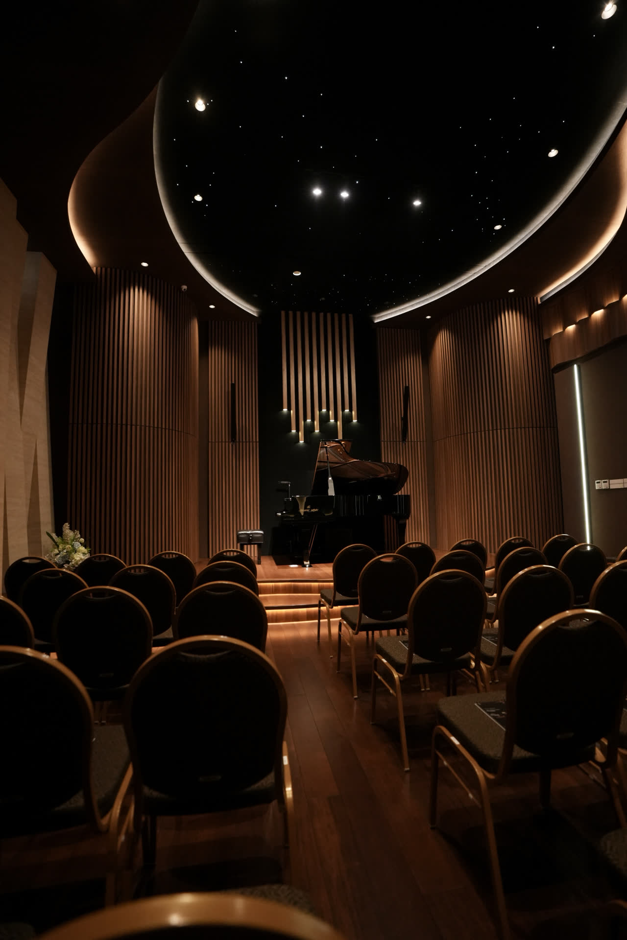 Aula resital dilihat dari baris belakang: deretan kursi menghadap panggung kayu yang disinari dengan piano konser, di bawah langit-langit gelap bertabur bintang.